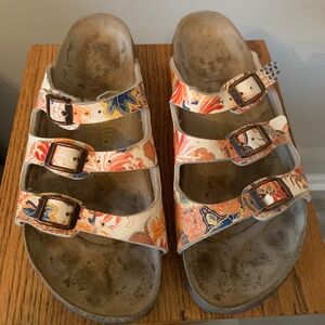 Papillio by Birkenstock Sandals, Orange Asian Floral Pattern, Pre-Owned, size 37
